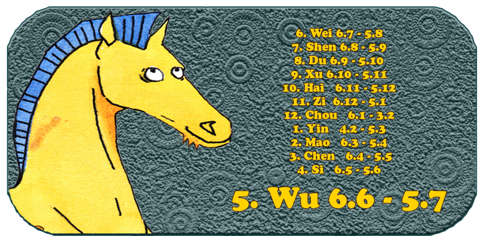 Zodiaque chinois | Les douze animaux chinois | Cheval, juin, mois 5, Wu