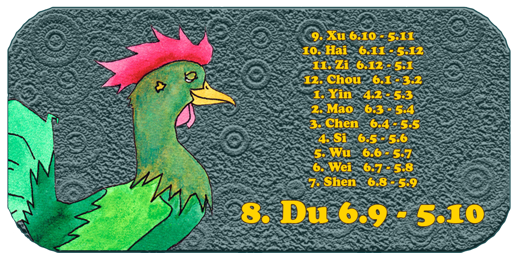 Zodiaque chinois | Les douze animaux chinois | Coq, septembre, mois 8, Du